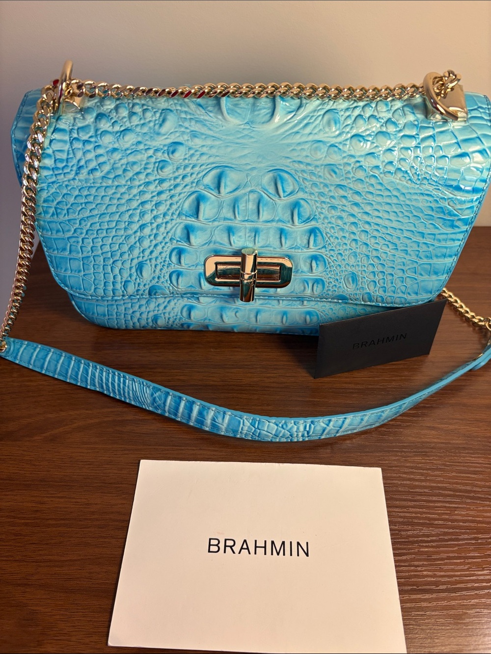 Brahmin Turquoise Croc-Embossed Leather Crossbody with Gold Chain